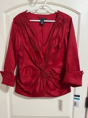 Cachet Red Twist-Knot Satin V-Neck Blouse